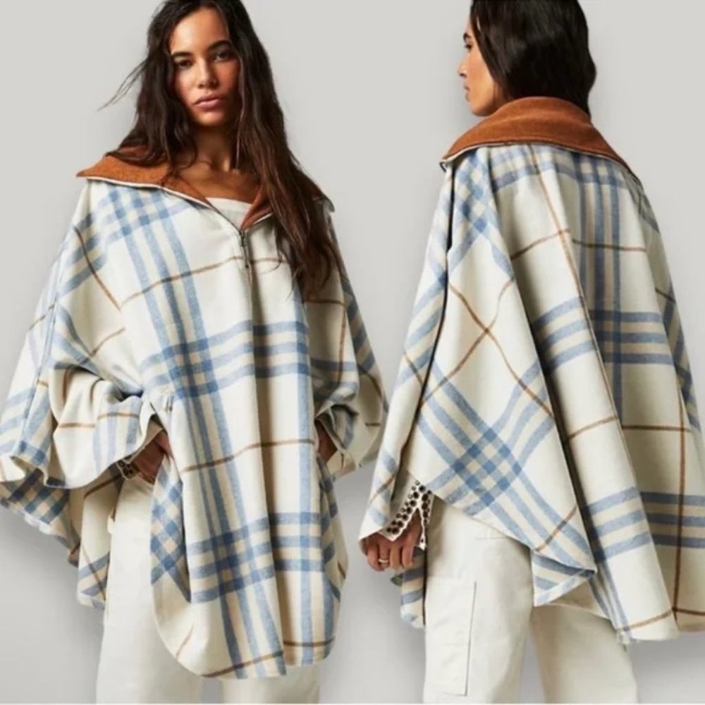 NEW FREE PEOPLE WOODSTOCK BRUSHED PLAID PONCHO CAPE JACKET ONE SIZE 💙💙💙